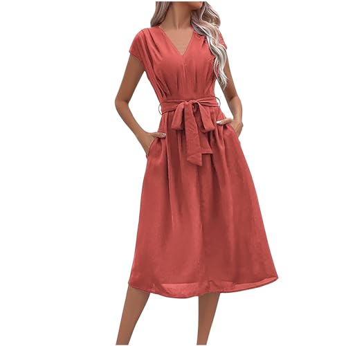 KOG Prime Sommerkleider Damen Sommerkleid Mode Kleid Einfarbig Elegante Kleidung Hemdblusenkleid Schwarzes T-Shirt Kleid Baumwolle Besondere Kleider für Hochzeitsgäste Amazon Basics Orange S von KOG