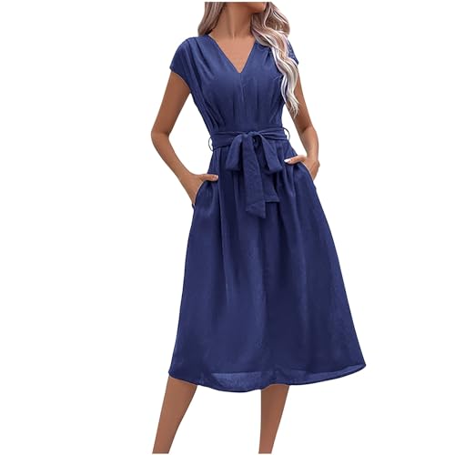 KOG Prime Sommerkleider Sommerkleid Damen 2024 Shirtkleid Einfarbige Elegant Bekleidung Tshirt Kleid Weißes Teenager Umstandskleidung Baumwolle Kleider für Hochzeitsgäste Sale Damen Blau L von KOG