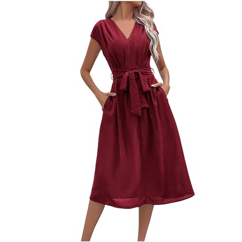 KOG Prime Sommerkleider für Damen Sommerkleid Elegant Tunika Kleid Einfarbige Frau Tunika Blusen Kleid Knielang Frauen Boho-Kleid Kleider Baumwolle Kleid Hochzeitsgast Outlet Angebote Rot XL von KOG