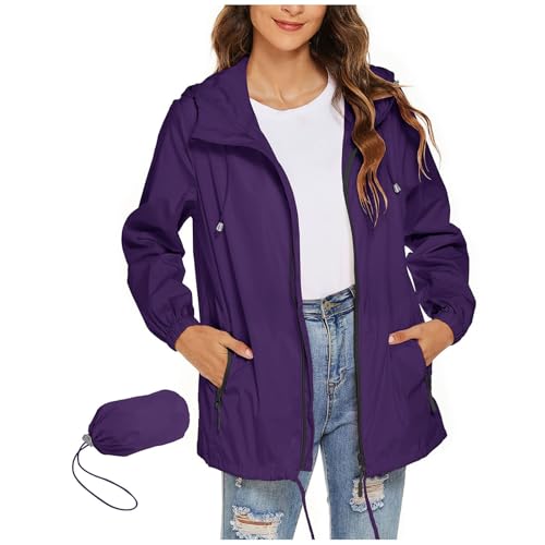 KOG Regenjacke Damen Wasserdicht Fahrradjacke Freizeit Herbstjacke Jacken Einfarbig Oberteile Regenjacken Herbst Bomberjacke Dünne Sport Jacke Teenager Mädchen Winterjacke Lila S von KOG