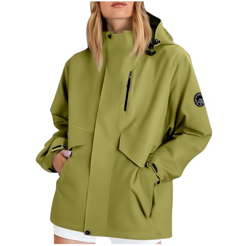 KOG Regenjacke Damen Wasserdicht Herbstjacke Atmungsaktiv übergangsjacken Motorrad Jacke Einfarbig Kleidung Frau Bomberjacke Slim Fit Oversize Outdoor Jacken Frauen Kapuzenjacke Armeegrün M von KOG