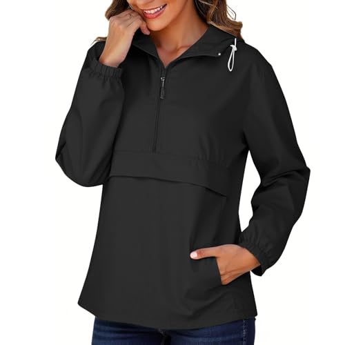 KOG Regenjacke Damen Wasserdicht Herbstjacke Elegant Windjacke Solid Kleidung Teenager Mädchen Trainingsjacke Winter Steppjacke Atmungsaktiv Outdoor Jacken Frauen Winterjacke Schwarz L von KOG