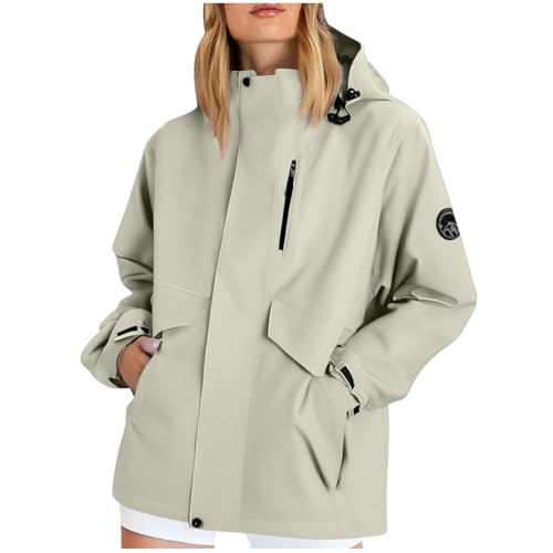 KOG Regenjacke Damen Wasserdicht Herbstjacke Herbst Funktionsjacke Einfarbig Oberteile Frauen Fahrradmantel Große Größen Kapuzenjacke Casual Hoodie Jacke Frau Softshelljacke Beige S von KOG