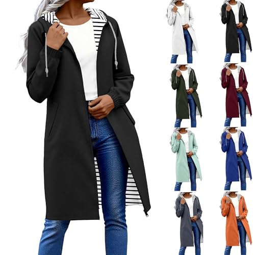 KOG Regenjacke Damen Wasserdicht Lang Windbreaker Fashion Windjacke Outdoor Jacken Einfarbige Kleidung Frauen Kapuzenjacke Herbst Steppjacke Dünne Zipper Jacke Regencape Schwarz XL von KOG