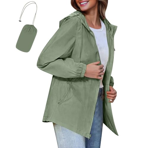 KOG Regenjacke Damen Wasserdicht Laufjacke Atmungsaktiv Windbreaker Sport Jacke Einfarbige Kleidung Frau Windjacke Herbst Regenponcho Slim Fit Jacken Teenager Mädchen Wanderjacke Grün L von KOG