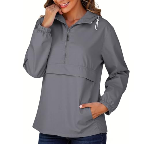 KOG Regenjacke Damen Wasserdicht Outdoorjacke Fashion Laufjacke Sport Jacke Einfarbig Oberteile Frau Trainingsjacke Winter Wanderjacke Oversized Outdoor Jacken Frauen Windbreaker Dunkelgrau L von KOG
