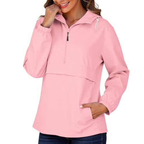 KOG Regenjacke Damen Wasserdicht Outdoorjacke Herbst Übergangsjacke Outdoor Jacken Einfarbig Oberteil Teenager Mädchen Funktionsjacke Winter Radjacke Dünne Sport Jacke Fahrradjacke Rosa S von KOG