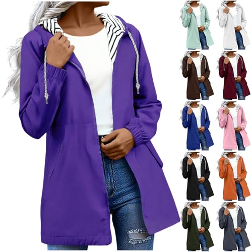 KOG Regenjacke Damen Wasserdicht Outdoorjacke Mode Übergangsjacke Zipper Jacke Einfarbig Oberteile übergangsmantel Elegante Wanderjacke Oversized Jacken Teenager Mädchen Bikerjacke Lila XL von KOG