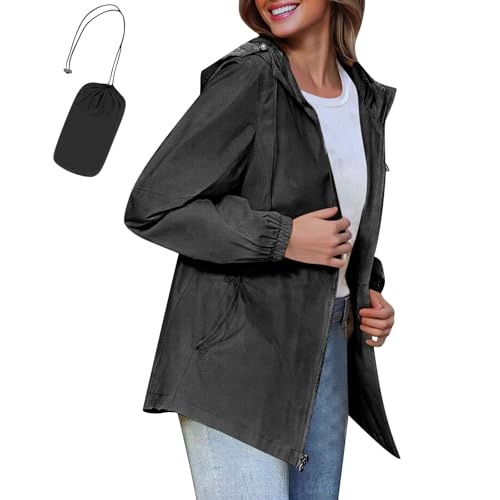 KOG Regenjacke Damen Wasserdicht Radjacke Casual Funktionsjacke Hoodie Jacke Einfarbige Oberteile Frauen Regenmantel Atmungsaktiv Übergangsjacke Mode Sport Jacke Bikerjacke Schwarz M von KOG