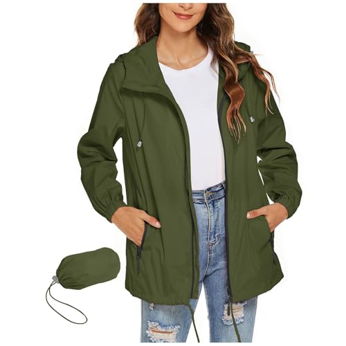 KOG Regenjacke Damen Wasserdicht Radjacke Herbst Regenjacken Hoodie Jacke Solid Bekleidung Teenager Mädchen Outdoorjacke Fashion Regenponcho Elegante Zipper Jacke Kapuzenjacke Armeegrün M von KOG