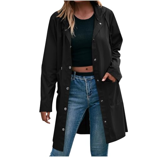 KOG Regenjacke Damen Wasserdicht Regenjacken Casual Übergangsjacke Outdoor Jacken Solid Oberteil Frau Regenponcho Leichte Wanderjacke Lose Sport Jacke Teenager Mädchen Trachtenjacke Schwarz M von KOG