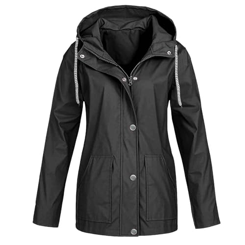 KOG Regenjacke Damen Wasserdicht Regenjacken Elegant Herbstjacke Zipper Jacke Einfarbige Oberteil Teenager Mädchen Regencape Atmungsaktiv Kapuzenjacke Herbst Jacken Frau Regenponcho Schwarz 3XL von KOG