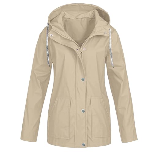 KOG Regenjacke Damen Wasserdicht Regenjacken Fashion Outdoorjacke Zipper Jacke Einfarbig Oberteile Frauen Übergangsjacke Basic Bikerjacke Freizeit Hoodie Jacke Frau übergangsmantel Khaki XL von KOG