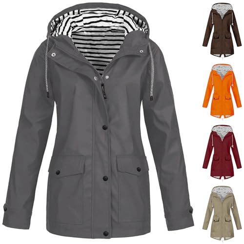 KOG Regenjacke Damen Wasserdicht Übergangsjacke Regenmantel Windbreaker mit Kapuze Outdoor Jacken Fahrradjacke Regencape Regenjacken Windjacke Wanderjacke Warehouse Deal Grau 5XL von KOG