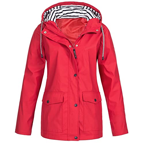 KOG Regenjacke Damen Wasserdicht Übergangsjacke Regenmantel Windbreaker mit Kapuze Outdoor Jacken Fahrradjacke Regencape Regenjacken Windjacke Wanderjacke Warehouse Deals Angebote Rot 3XL von KOG