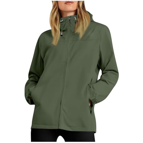 KOG Regenjacke Damen Wasserdicht Windbreaker Atmungsaktiv übergangsjacken Jacken Einfarbig Bekleidung Frauen Regenjacken Elegante Bikerjacke Lose Festival Jacke Wanderjacke Armeegrün L von KOG