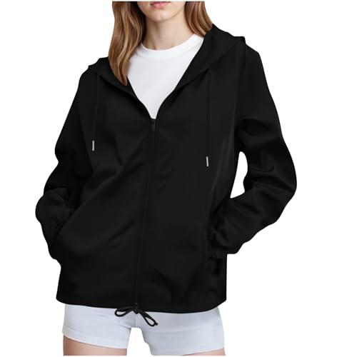 KOG Regenjacke Damen Wasserdicht Windjacke Dünne Regenmantel Zipper Jacke Einfarbig Kleidung Frauen Softshelljacke Bikerjacke Leichte Festival Jacke Teenager Mädchen Windbreaker Schwarz M von KOG