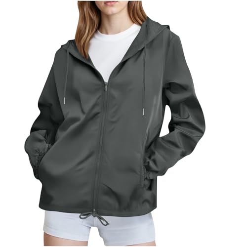 KOG Regenjacke Damen Wasserdicht übergangsjacken Atmungsaktiv übergangsmantel Zipper Jacke Einfarbige Kleidung Wanderjacke Fashion Regenjacken Oversized Jacke Frau Übergangsjacke Dunkelgrau M von KOG