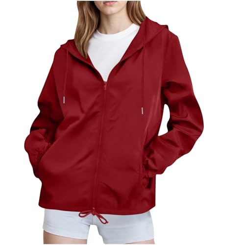 KOG Regenjacke Damen Wasserdicht übergangsjacken Elegante Windjacke Sport Jacke Einfarbige Bekleidung Regenmantel Freizeit Windbreaker Lose Zipper Jacke Teenager Mädchen Laufjacke Rot XL von KOG