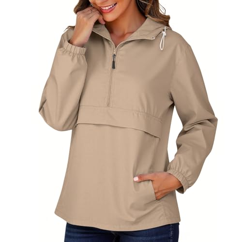 KOG Regenjacke Damen Wasserdicht übergangsjacken Freizeit Regenmantel Jacken Einfarbig Oberteil Teenager Mädchen Bomberjacke Elegante Übergangsjacke Casual Sport Jacke Bikerjacke Khaki M von KOG