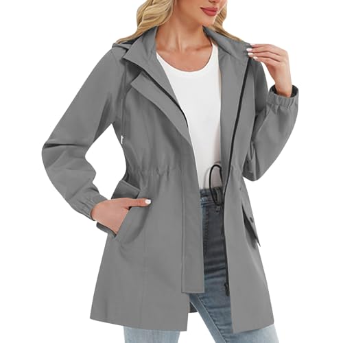 KOG Regenjacke Damen Wasserdicht übergangsjacken Leichte Windbreaker Jacken Einfarbige Oberteile Teenager Mädchen Winterjacke Dünne Outdoorjacke Elegant Sport Jacke Frau Herbstjacke Dunkelgrau XXL von KOG