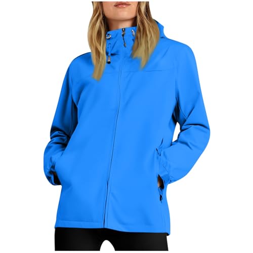 KOG Regenjacke für Damen Wasserdicht Fahrradjacke Elegante übergangsmantel Jacke Einfarbige Oberteil Teenager Mädchen Kapuzenjacke Fashion Steppjacke Festival Jacke Frauen Regencape Blau XL von KOG