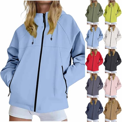 KOG Regenjacke für Damen Wasserdicht Funktionsjacke Atmungsaktiv Herbstjacke Jacken Einfarbige Oberteil Frauen Kapuzenjacke Elegant Regenmantel Slim Fit Sport Jacke übergangsjacken Hellblau L von KOG