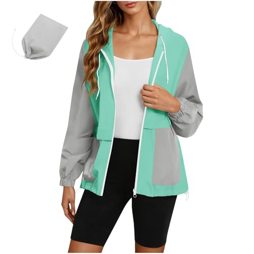 KOG Regenjacke für Damen Wasserdicht Herbstjacke Dünne Regenjacken Sport Jacke Einfarbig Oberteile Winterjacke Casual Kapuzenjacke Oversized Festival Jacke Teenager Mädchen Regencape Armeegrün XL von KOG
