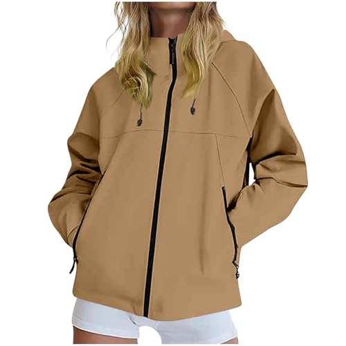 KOG Regenjacke für Damen Wasserdicht Herbstjacke Elegante Outdoorjacke Jacke Einfarbige Kleidung Teenager Mädchen Wintermantel Slim Fit Oversized Zipper Jacke Regenmantel Kaffee S von KOG