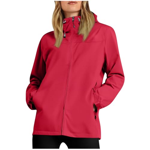 KOG Regenjacke für Damen Wasserdicht Herbstjacke Fashion übergangsmantel Motorrad Jacke Einfarbige Bekleidung Teenager Mädchen Mode Winterjacke Festival Jacke Regenmantel Rot XXL von KOG
