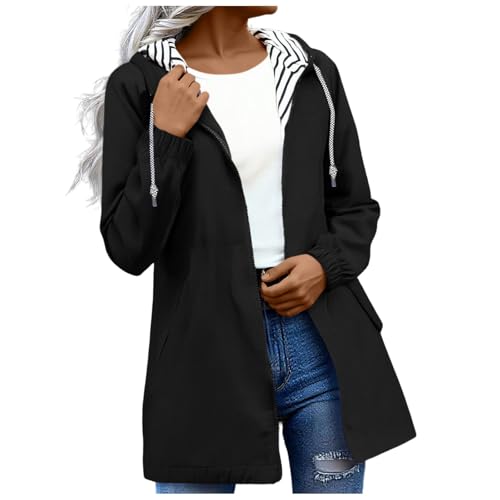 KOG Regenjacke für Damen Wasserdicht Herbstjacke Mode Funktionsjacke Jacken Einfarbige Kleidung Frau Laufjacke Atmungsaktiv Radjacke Zipper Jacke Teenager Mädchen Trainingsjacke Schwarz XXL von KOG