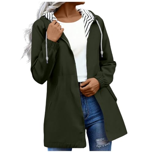 KOG Regenjacke für Damen Wasserdicht Laufjacke Elegante Fahrradjacke Motorrad Jacke Solid Bekleidung Teenager Mädchen Regenponcho Leichte Herbstjacke Lose Festival Jacke Windjacke Armeegrün S von KOG