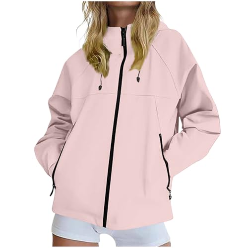 KOG Regenjacke für Damen Wasserdicht Outdoorjacke Elegante Laufjacke Festival Jacke Solid Oberteil Teenager Mädchen Regenmantel Oversize Fahrradmantel Mode Jacken Frauen Fahrradjacke Rosa 4XL von KOG