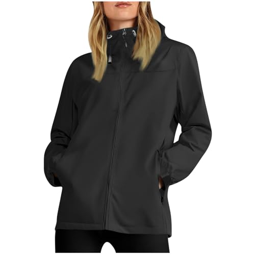 KOG Regenjacke für Damen Wasserdicht Radjacke Dünne Herbstjacke Festival Jacke Solid Bekleidung Frauen Regenjacken Freizeit Oversize Hoodie Jacke Teenager Mädchen Übergangsjacke Schwarz M von KOG