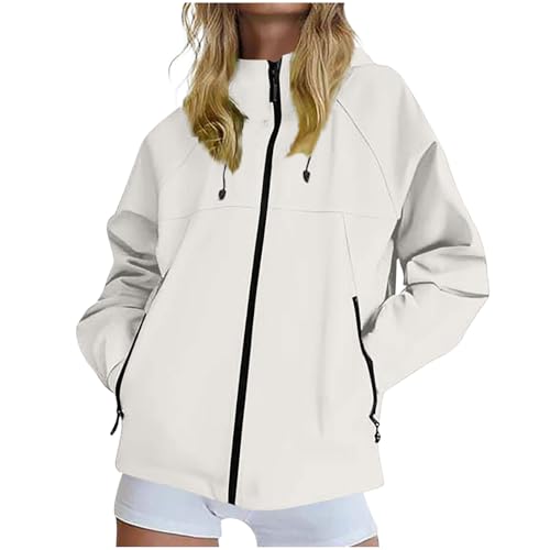 KOG Regenjacke für Damen Wasserdicht Regenjacken Dünne Funktionsjacke Hoodie Jacke Einfarbig Oberteile Frauen Steppjacke Elegant Softshelljacke Elegante Outdoor Jacken Winterjacke Weiß L von KOG