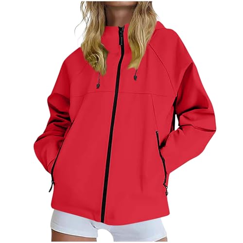 KOG Regenjacke für Damen Wasserdicht Wanderjacke Casual übergangsjacken Zipper Jacke Einfarbige Kleidung Frauen Trainingsjacke Basic Sport Jacke Teenager Mädchen übergangsmantel Rot XL von KOG