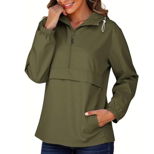 KOG Regenjacke für Damen Wasserdicht Windbreaker Fashion Regenmantel Outdoor Jacken Einfarbige Oberteile Frauen Regenponcho Basic Fahrradjacke Mode Sport Jacke Fahrradmantel Armeegrün M von KOG