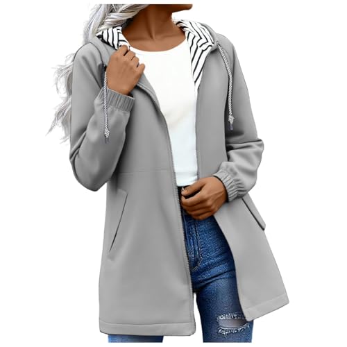 KOG Regenjacke für Damen Wasserdicht Windbreaker Herbst Regenjacken Zipper Jacke Solid Oberteile Frau Trainingsjacke Slim Fit Wintermantel Elegante Outdoor Jacken Frauen Laufjacke Grau XXL von KOG