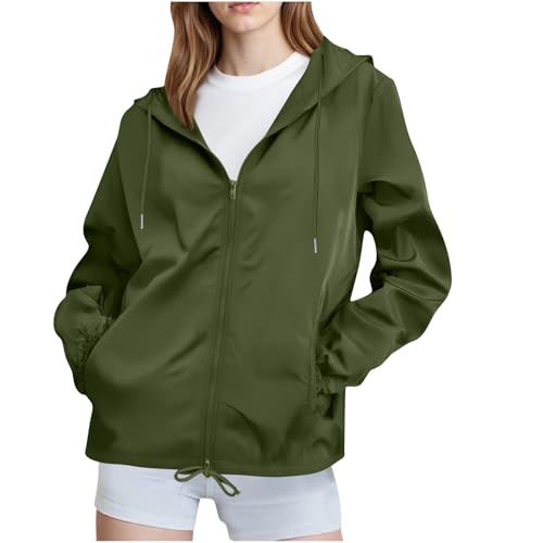 KOG Regenjacke für Damen Wasserdicht Windbreaker Herbst Wanderjacke Festival Jacke Einfarbige Bekleidung Bomberjacke Casual Funktionsjacke Lose Motorrad Jacke Frauen übergangsmantel Armeegrün XXL von KOG