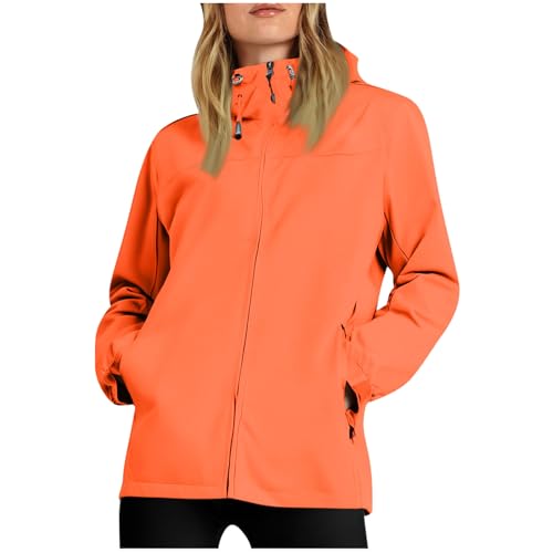 KOG Regenjacke für Damen Wasserdicht Windbreaker Leichte Outdoorjacke Zipper Jacke Einfarbig Oberteil Trainingsjacke Lose übergangsmantel Winter Teenager Mädchen Herbstjacke Orange XXL von KOG