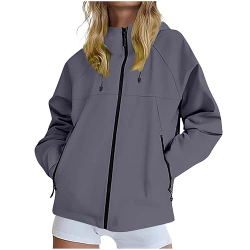 KOG Regenjacke für Damen Wasserdicht Windjacke Basic Regenmantel Jacke Einfarbige Kleidung Teenager Mädchen Trachtenjacke Lose Kapuzenjacke Slim Fit Motorrad Jacke Frauen Fahrradjacke Grau 3XL von KOG