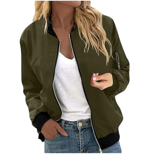 KOG Regenjacke für Damen Wasserdicht Windjacke Leichte Radjacke Festival Jacke Solid Oberteile Frauen Outdoorjacke Große Größen Bomberjacke Herbst Motorrad Jacke Frau Winterjacke Armeegrün L von KOG