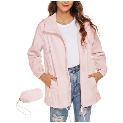 KOG Regenjacke für Damen Wasserdicht übergangsjacken Elegant Funktionsjacke Einfarbig Bekleidung Frauen Winterjacke Lose Bikerjacke Dünne Motorrad Jacke Teenager Mädchen Regencape Rosa XL von KOG
