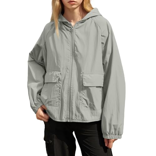 KOG Regenjacke für Damen Wasserdicht übergangsjacken Mode Fahrradjacke Jacke Einfarbige Kleidung Frauen Trainingsjacke Herbst Regencape Lose Teenager Mädchen Fahrradmantel Grau L von KOG