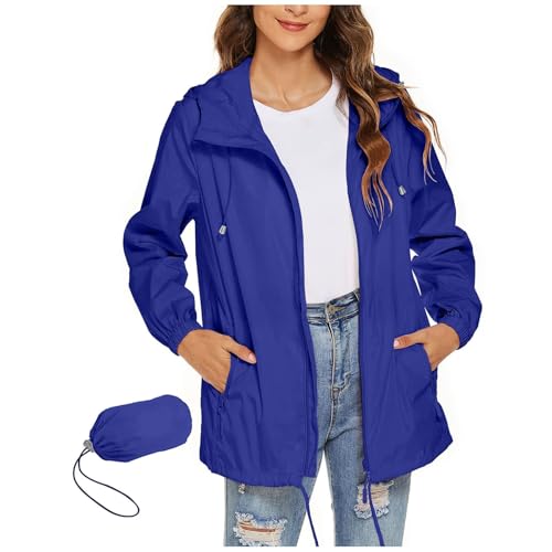 KOG Regenjacke für Damen Wasserdicht übergangsjacken Mode Wanderjacke Hoodie Jacke Einfarbig Oberteil Frauen Windbreaker Lose Sportjacke Winter Zipper Jacke Frau Softshelljacke Blau XL von KOG