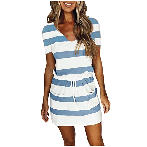 KOG Sale Angebote Damen Sommerkleider Sommerkleid Sommer T-Shirt Kleid Grafik Frau Mode Bekleidung Boho Kleid Schwarz Freizeitkleid Hemdblusenkleid Baumwolle Brautmutterkleider Prime Blau M von KOG