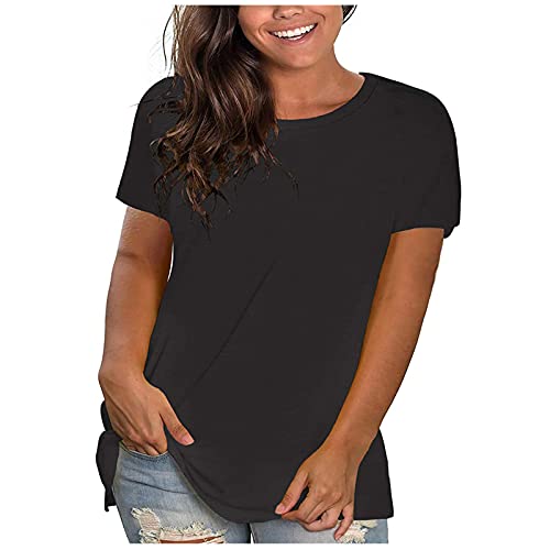 KOG Sale Angebote Damen T-Shirts Lässig Einfarbig Tunika Lose Baumwolle T-Shirt Frau Oberteil Slim Fit Longshirt Teenager Rundhals Oversized Tuniken Amazon Warehouse Deal Schwarz 5XL von KOG