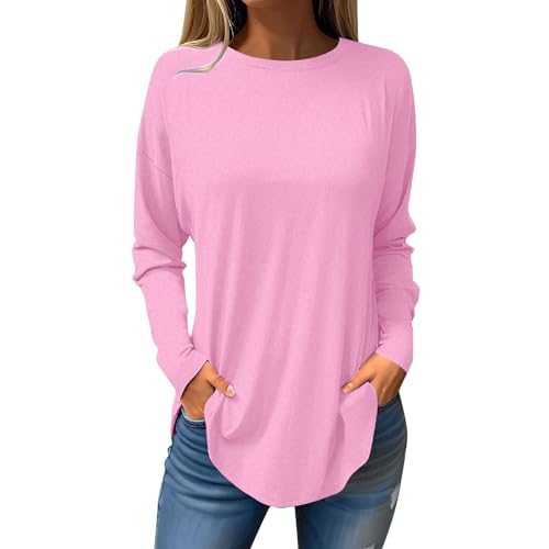 KOG Langarmshirt Damen Langarm Kleidung Einfarbige Oberteile Lose Baumwolle Shirts Longbluse Retro Hemd Teenager Mädchen V-Ausschnitt Elegant Tshirt Rosa L von KOG