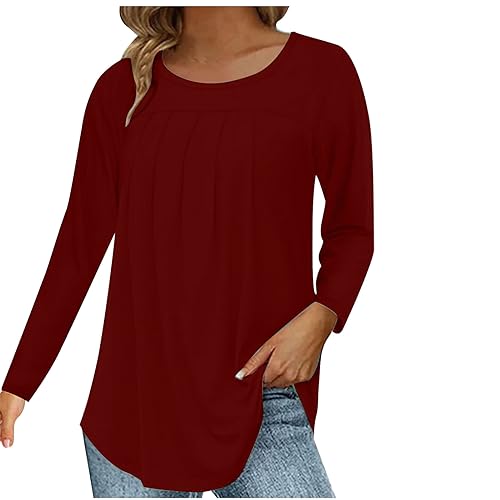 KOG Langarmshirt für Damen Langarm Bekleidung Einfarbig Oberteile Fashion Baumwolle Blusenshirt Frauen Tshirt Casual Frau Rundhals Retro Tops Rot XXL von KOG
