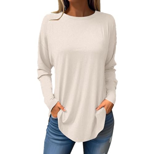 KOG Langarmshirt Damen Langarm Shirt Einfarbige Tuniken Elegant Baumwolle Blusen Kleidung Freizeit Longshirt Frau Rundhals Lässig Oberteil Beige XXL von KOG